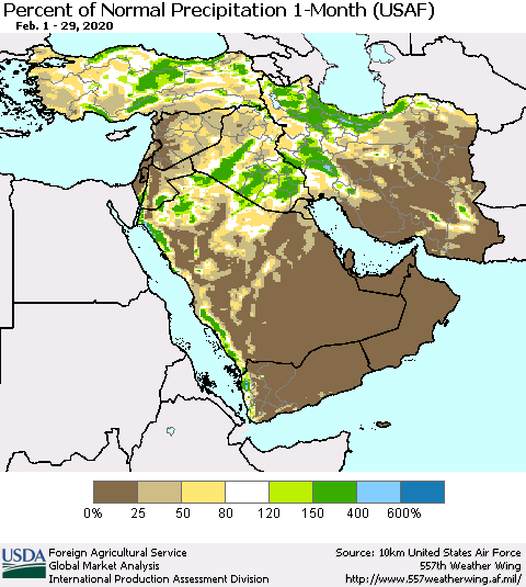 Middle East and Turkey Percent of Normal Precipitation 1-Month (USAF) Thematic Map For 2/1/2020 - 2/29/2020
