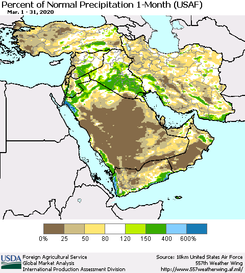 Middle East and Turkey Percent of Normal Precipitation 1-Month (USAF) Thematic Map For 3/1/2020 - 3/31/2020