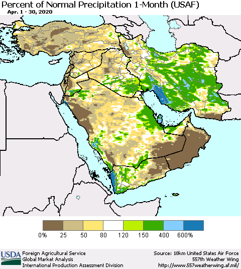 Middle East and Turkey Percent of Normal Precipitation 1-Month (USAF) Thematic Map For 4/1/2020 - 4/30/2020
