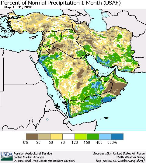 Middle East and Turkey Percent of Normal Precipitation 1-Month (USAF) Thematic Map For 5/1/2020 - 5/31/2020