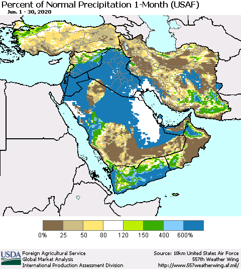 Middle East and Turkey Percent of Normal Precipitation 1-Month (USAF) Thematic Map For 6/1/2020 - 6/30/2020