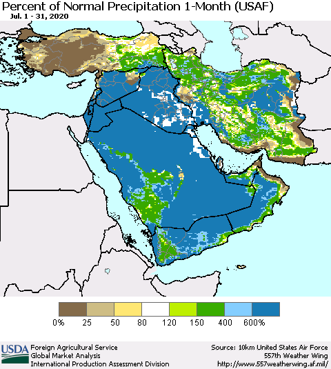 Middle East and Turkey Percent of Normal Precipitation 1-Month (USAF) Thematic Map For 7/1/2020 - 7/31/2020