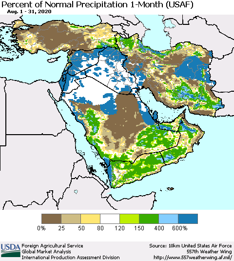 Middle East and Turkey Percent of Normal Precipitation 1-Month (USAF) Thematic Map For 8/1/2020 - 8/31/2020