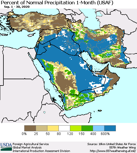 Middle East and Turkey Percent of Normal Precipitation 1-Month (USAF) Thematic Map For 9/1/2020 - 9/30/2020