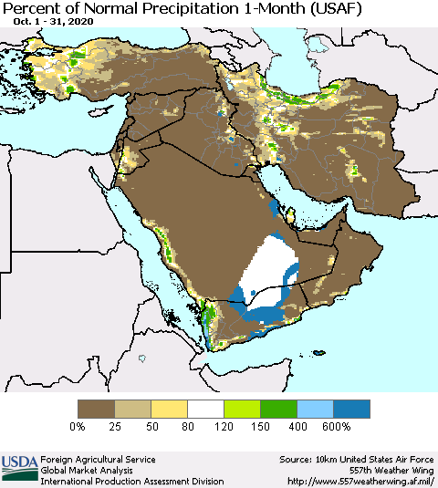 Middle East and Turkey Percent of Normal Precipitation 1-Month (USAF) Thematic Map For 10/1/2020 - 10/31/2020