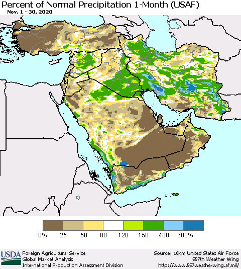 Middle East and Turkey Percent of Normal Precipitation 1-Month (USAF) Thematic Map For 11/1/2020 - 11/30/2020