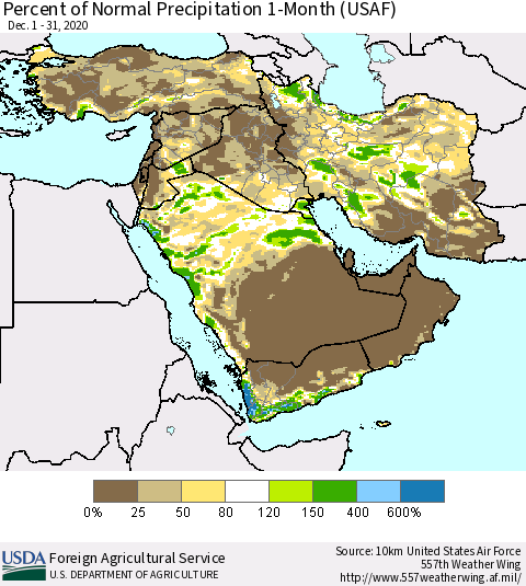 Middle East and Turkey Percent of Normal Precipitation 1-Month (USAF) Thematic Map For 12/1/2020 - 12/31/2020