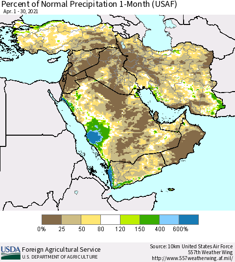 Middle East and Turkey Percent of Normal Precipitation 1-Month (USAF) Thematic Map For 4/1/2021 - 4/30/2021