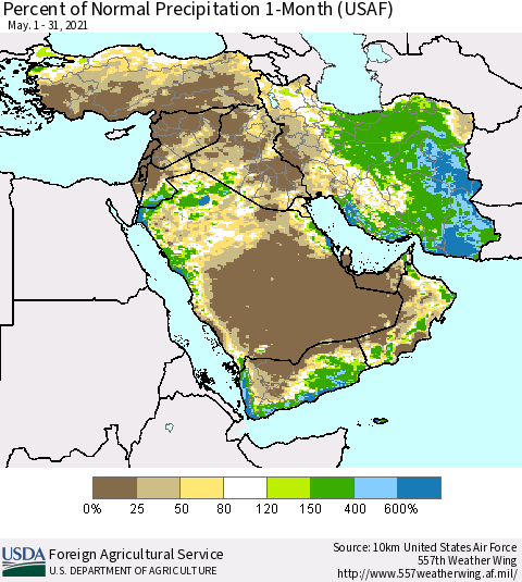 Middle East and Turkey Percent of Normal Precipitation 1-Month (USAF) Thematic Map For 5/1/2021 - 5/31/2021