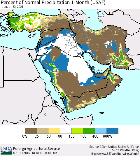 Middle East and Turkey Percent of Normal Precipitation 1-Month (USAF) Thematic Map For 6/1/2021 - 6/30/2021