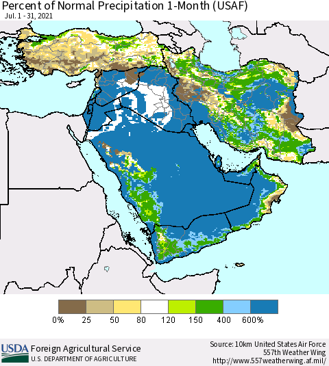 Middle East and Turkey Percent of Normal Precipitation 1-Month (USAF) Thematic Map For 7/1/2021 - 7/31/2021