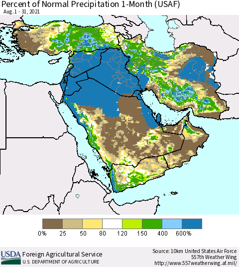 Middle East and Turkey Percent of Normal Precipitation 1-Month (USAF) Thematic Map For 8/1/2021 - 8/31/2021