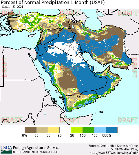 Middle East and Turkey Percent of Normal Precipitation 1-Month (USAF) Thematic Map For 9/1/2021 - 9/30/2021