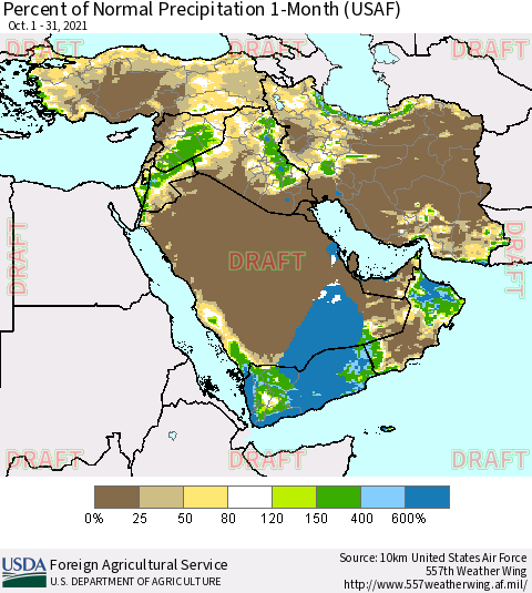 Middle East and Turkey Percent of Normal Precipitation 1-Month (USAF) Thematic Map For 10/1/2021 - 10/31/2021