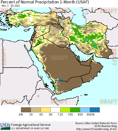Middle East and Turkey Percent of Normal Precipitation 1-Month (USAF) Thematic Map For 11/1/2021 - 11/30/2021