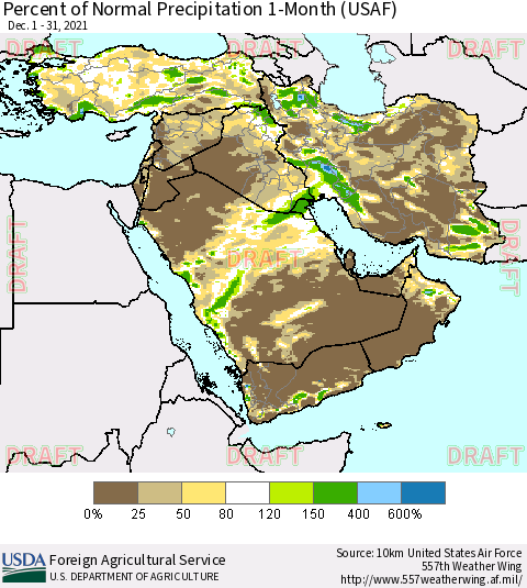 Middle East and Turkey Percent of Normal Precipitation 1-Month (USAF) Thematic Map For 12/1/2021 - 12/31/2021