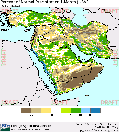 Middle East and Turkey Percent of Normal Precipitation 1-Month (USAF) Thematic Map For 1/1/2022 - 1/31/2022