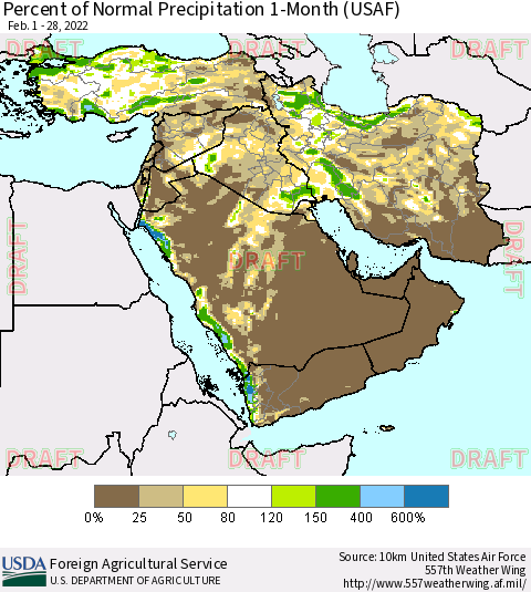 Middle East and Turkey Percent of Normal Precipitation 1-Month (USAF) Thematic Map For 2/1/2022 - 2/28/2022