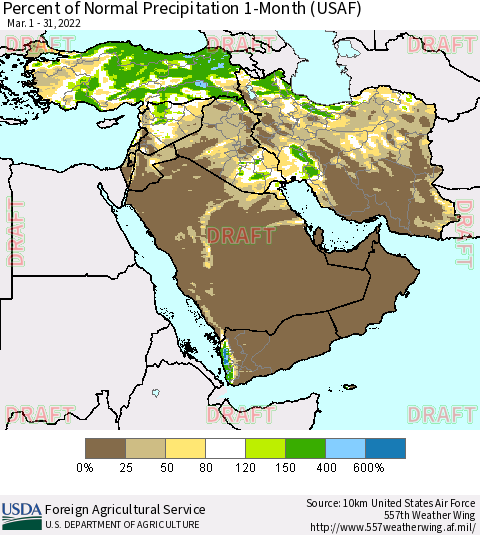 Middle East and Turkey Percent of Normal Precipitation 1-Month (USAF) Thematic Map For 3/1/2022 - 3/31/2022