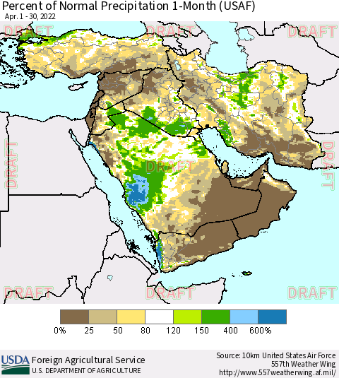 Middle East and Turkey Percent of Normal Precipitation 1-Month (USAF) Thematic Map For 4/1/2022 - 4/30/2022