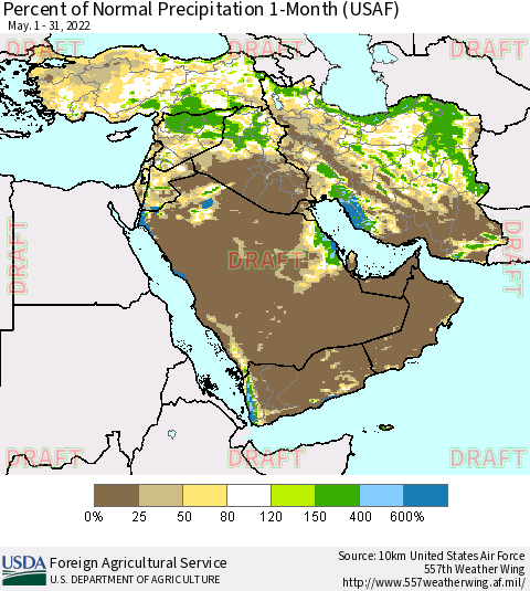 Middle East and Turkey Percent of Normal Precipitation 1-Month (USAF) Thematic Map For 5/1/2022 - 5/31/2022