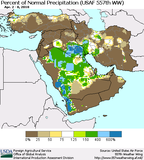 Middle East and Turkey Percent of Normal Precipitation (USAF 557th WW) Thematic Map For 4/2/2018 - 4/8/2018