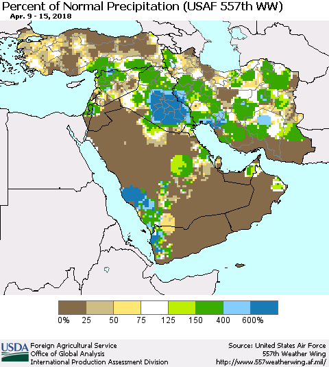 Middle East and Turkey Percent of Normal Precipitation (USAF 557th WW) Thematic Map For 4/9/2018 - 4/15/2018