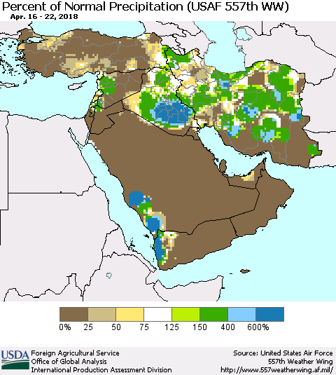 Middle East and Turkey Percent of Normal Precipitation (USAF 557th WW) Thematic Map For 4/16/2018 - 4/22/2018