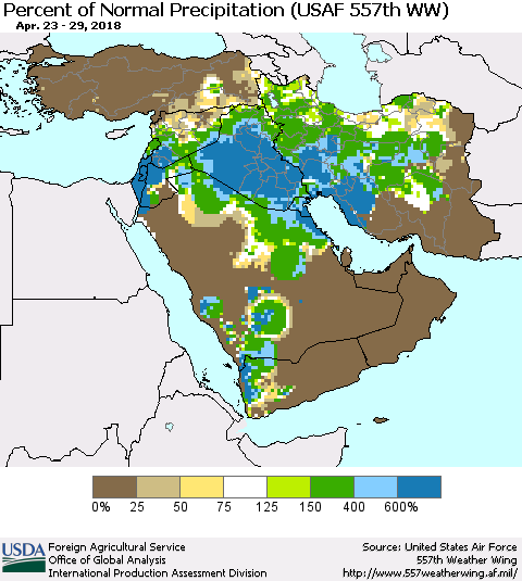 Middle East and Turkey Percent of Normal Precipitation (USAF 557th WW) Thematic Map For 4/23/2018 - 4/29/2018