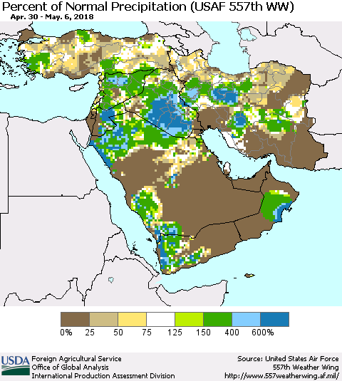 Middle East and Turkey Percent of Normal Precipitation (USAF 557th WW) Thematic Map For 4/30/2018 - 5/6/2018