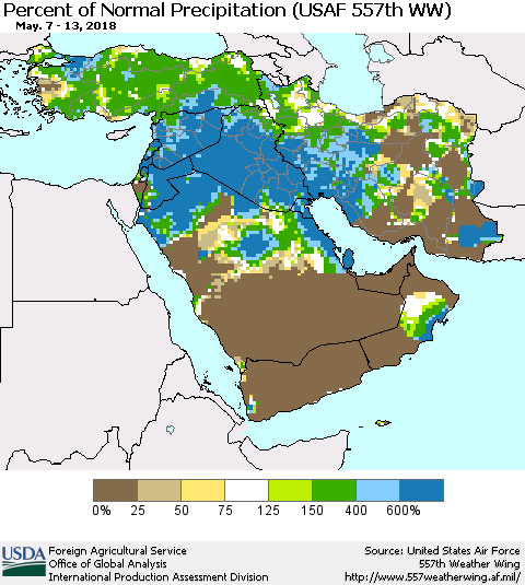 Middle East and Turkey Percent of Normal Precipitation (USAF 557th WW) Thematic Map For 5/7/2018 - 5/13/2018