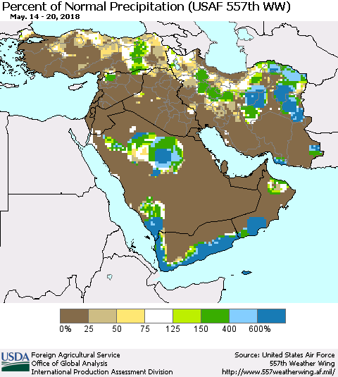 Middle East and Turkey Percent of Normal Precipitation (USAF 557th WW) Thematic Map For 5/14/2018 - 5/20/2018