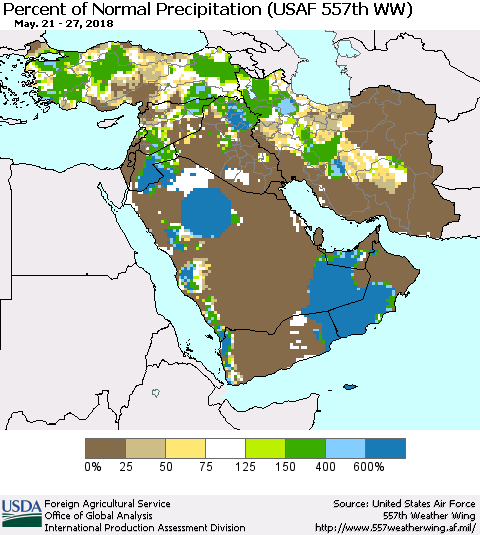 Middle East and Turkey Percent of Normal Precipitation (USAF 557th WW) Thematic Map For 5/21/2018 - 5/27/2018