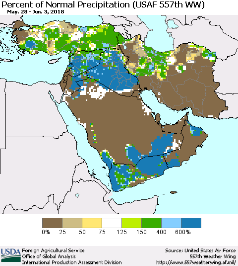 Middle East and Turkey Percent of Normal Precipitation (USAF 557th WW) Thematic Map For 5/28/2018 - 6/3/2018