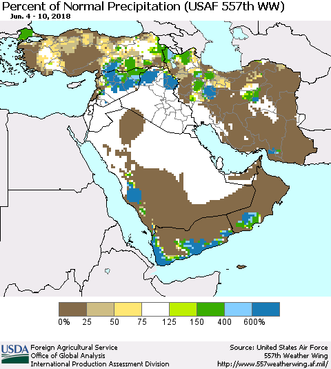 Middle East and Turkey Percent of Normal Precipitation (USAF 557th WW) Thematic Map For 6/4/2018 - 6/10/2018