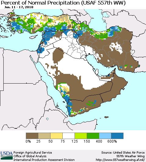 Middle East and Turkey Percent of Normal Precipitation (USAF 557th WW) Thematic Map For 6/11/2018 - 6/17/2018