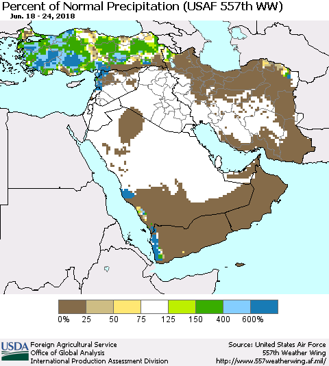 Middle East and Turkey Percent of Normal Precipitation (USAF 557th WW) Thematic Map For 6/18/2018 - 6/24/2018