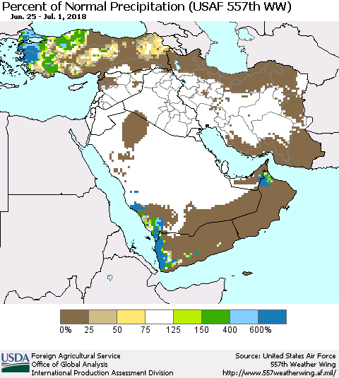 Middle East and Turkey Percent of Normal Precipitation (USAF 557th WW) Thematic Map For 6/25/2018 - 7/1/2018