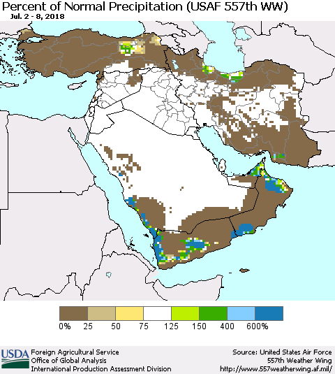 Middle East and Turkey Percent of Normal Precipitation (USAF 557th WW) Thematic Map For 7/2/2018 - 7/8/2018