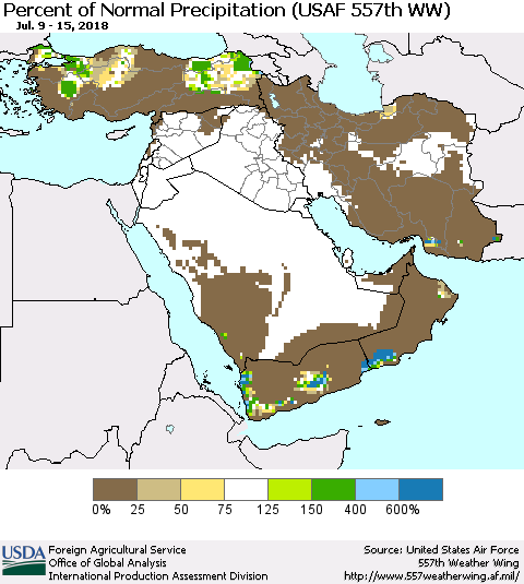 Middle East and Turkey Percent of Normal Precipitation (USAF 557th WW) Thematic Map For 7/9/2018 - 7/15/2018