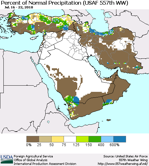 Middle East and Turkey Percent of Normal Precipitation (USAF 557th WW) Thematic Map For 7/16/2018 - 7/22/2018