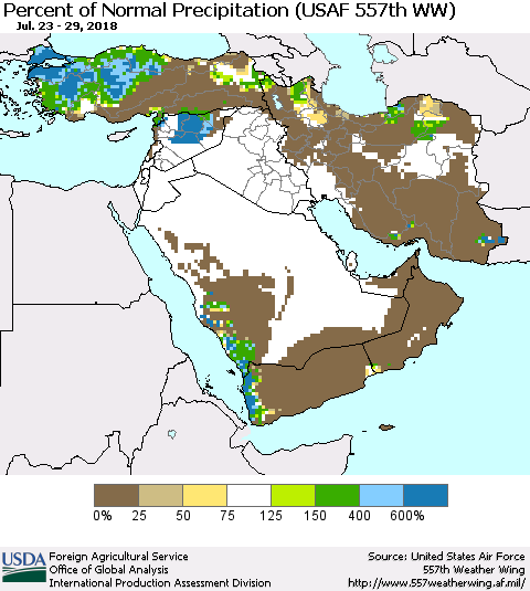 Middle East and Turkey Percent of Normal Precipitation (USAF 557th WW) Thematic Map For 7/23/2018 - 7/29/2018