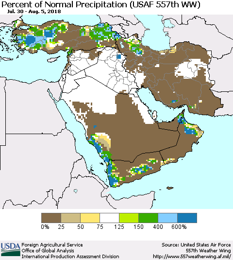 Middle East and Turkey Percent of Normal Precipitation (USAF 557th WW) Thematic Map For 7/30/2018 - 8/5/2018