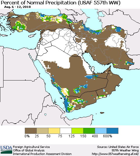 Middle East and Turkey Percent of Normal Precipitation (USAF 557th WW) Thematic Map For 8/6/2018 - 8/12/2018