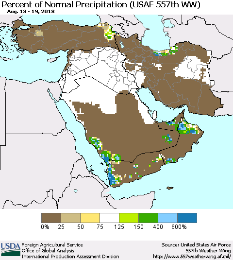 Middle East and Turkey Percent of Normal Precipitation (USAF 557th WW) Thematic Map For 8/13/2018 - 8/19/2018
