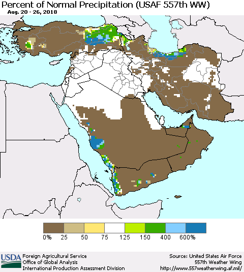 Middle East and Turkey Percent of Normal Precipitation (USAF 557th WW) Thematic Map For 8/20/2018 - 8/26/2018