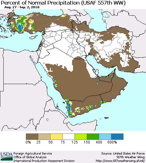 Middle East and Turkey Percent of Normal Precipitation (USAF 557th WW) Thematic Map For 8/27/2018 - 9/2/2018