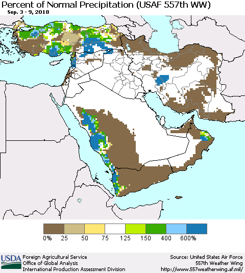 Middle East and Turkey Percent of Normal Precipitation (USAF 557th WW) Thematic Map For 9/3/2018 - 9/9/2018