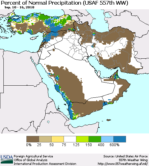Middle East and Turkey Percent of Normal Precipitation (USAF 557th WW) Thematic Map For 9/10/2018 - 9/16/2018
