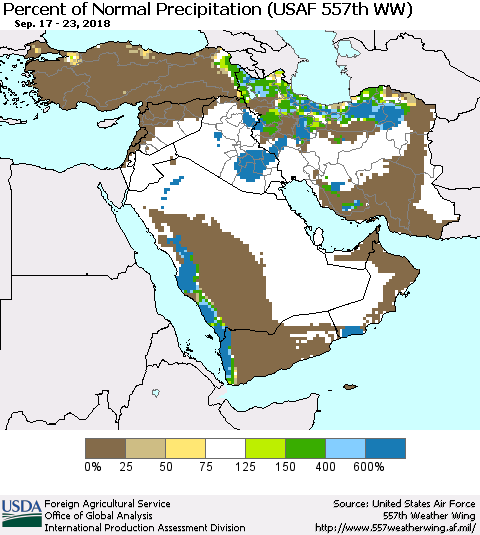 Middle East and Turkey Percent of Normal Precipitation (USAF 557th WW) Thematic Map For 9/17/2018 - 9/23/2018